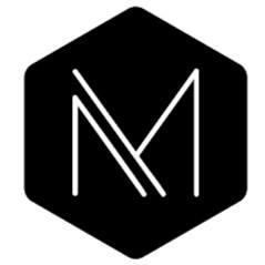 A black and white logo with the letter M.